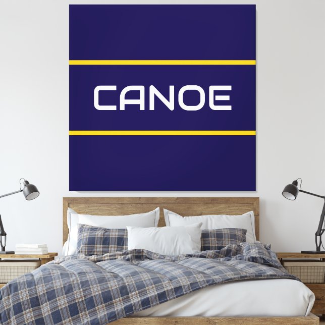 CANOE Sleek White Text Orange Navy Blue Stripes  Canvas Print (Insitu(Bedroom))