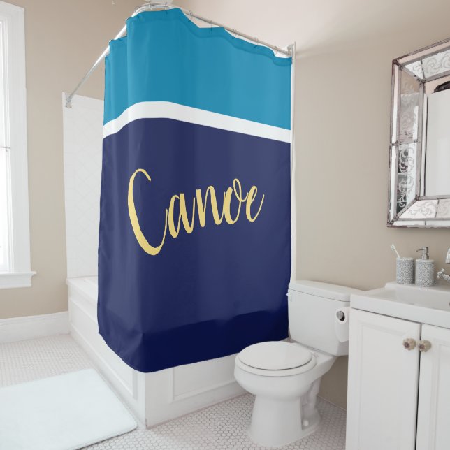 CANOE Sporty Navy White Ocean Blue Colour Block Shower Curtain (In Situ)