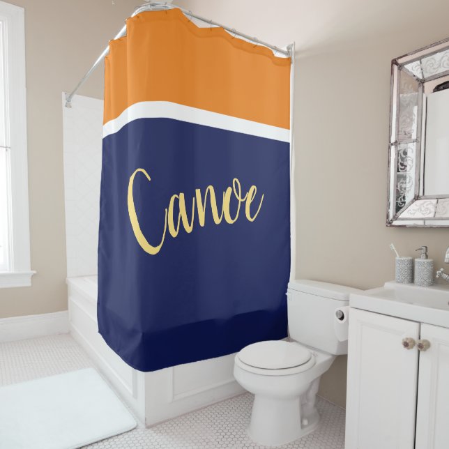 CANOE Stylish Navy Blue White Orange Colour Block Shower Curtain (In Situ)