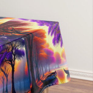 Canoes On Jacaranda River Oil Paint, Tablecloth