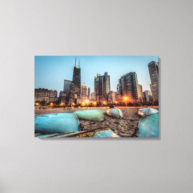 Canoes on Oak Street Beach a little after sunset Canvas Print (Front)