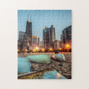 Canoes on Oak Street Beach a little after sunset Jigsaw Puzzle