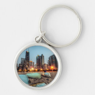 Canoes on Oak Street Beach a little after sunset Key Ring