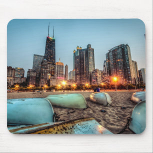 Canoes on Oak Street Beach a little after sunset Mouse Mat