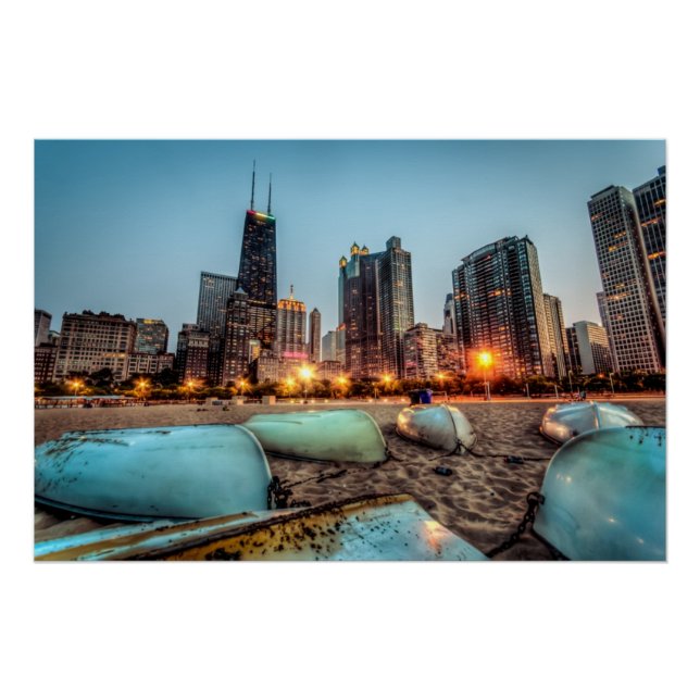 Canoes on Oak Street Beach a little after sunset Poster (Front)