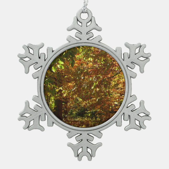 Canopy of Fall Leaves II Yellow Autumn Photography Snowflake Pewter Christmas Ornament (Front)