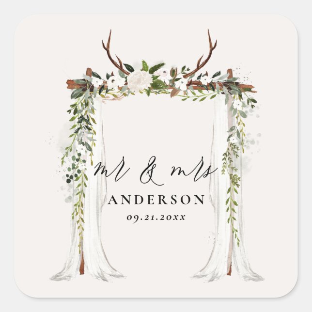 Canopy rustic botanical wedding mr and mrs script  square sticker (Front)