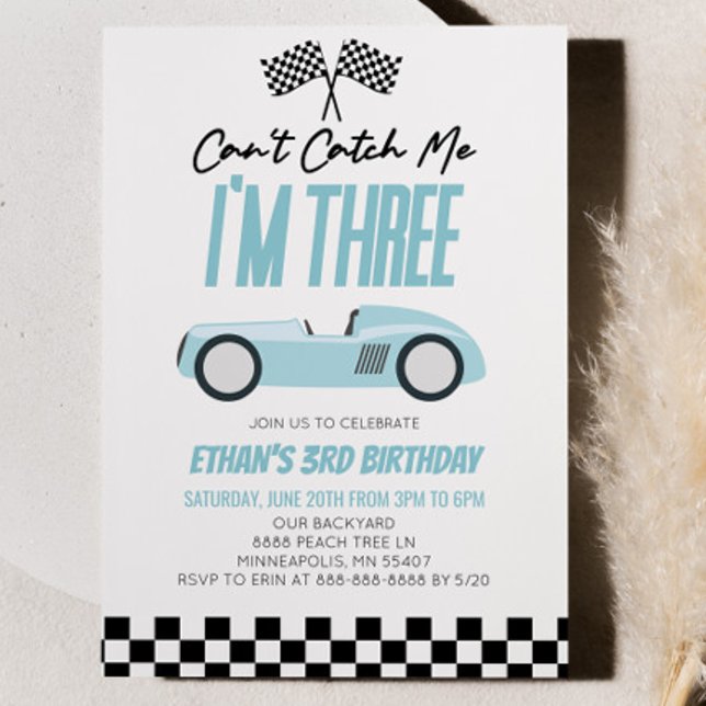 Can't Catch Me Blue Race Car 3rd Birthday Party Invitation (Creator Uploaded)