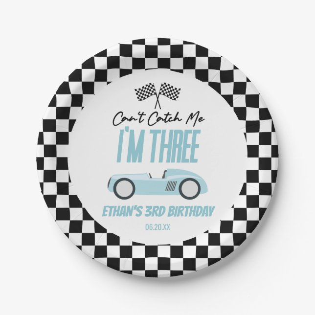 Can't Catch Me Blue Race Car 3rd Birthday Party Paper Plate (Front)