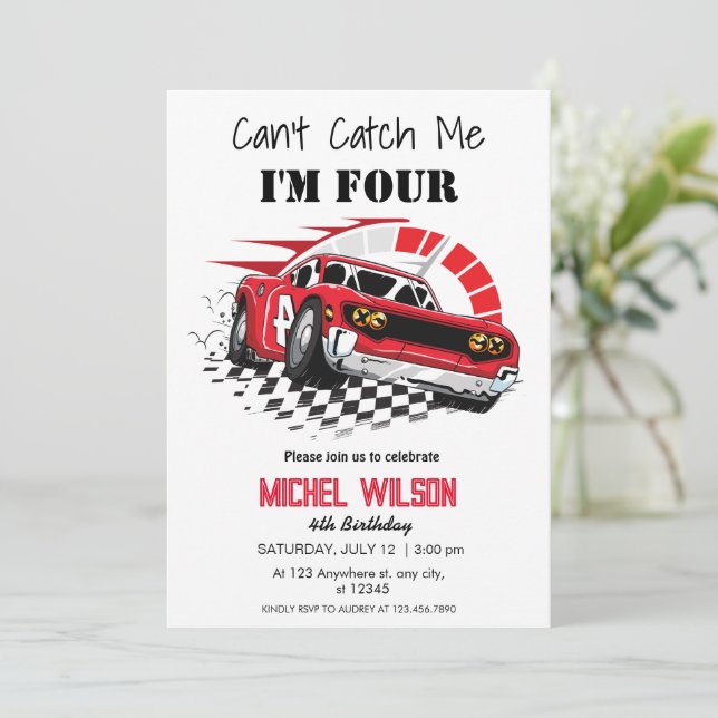 Can't Catch Me I'm Four red race car Birthday Boy Invitation (Standing Front)