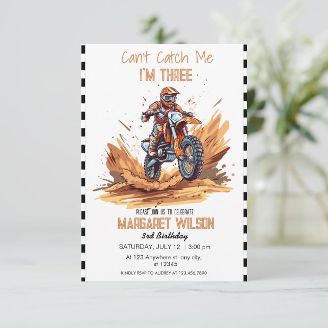 Can't Catch Me I'm Three Dirt Bik Boy 3rd Birthday Invitation (Standing Front)