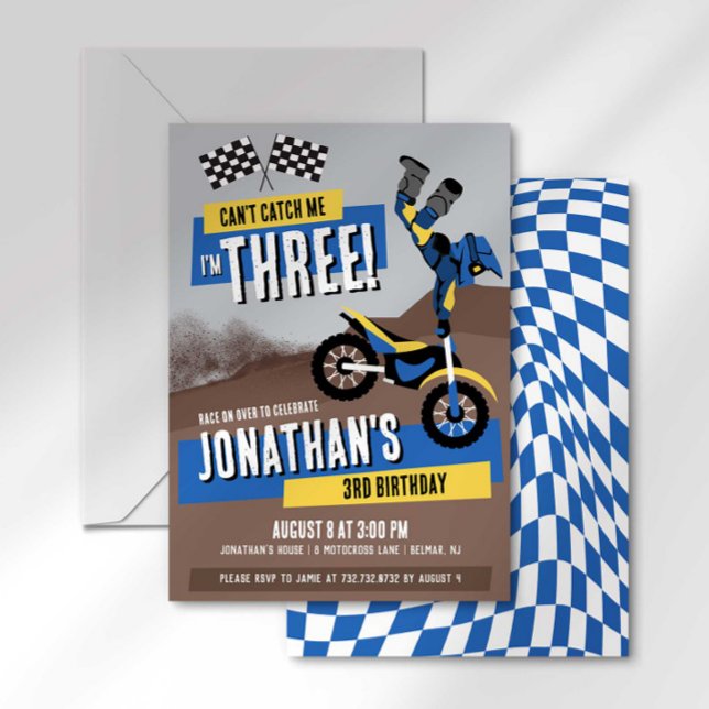 Can't Catch Me I'm Three Dirt Bike Birthday Invitation (Creator Uploaded)