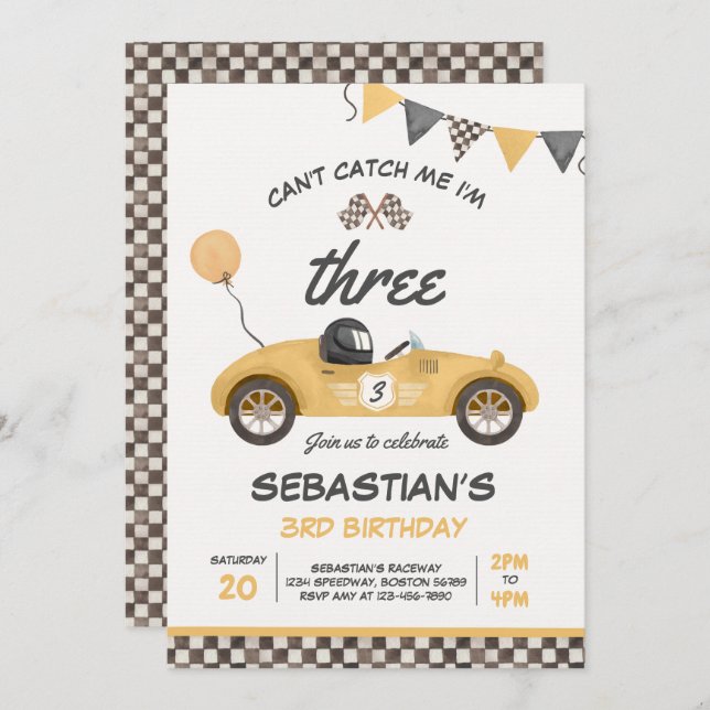  Can't Catch Me I'm Three Race Car 3rd Birthday Invitation (Front/Back)