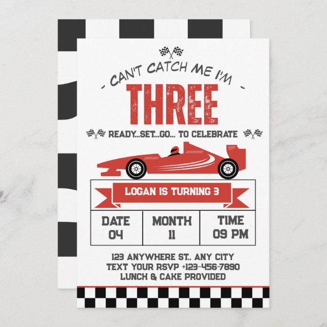 Can't Catch Me I'm Three Race Car 3rd Birthday  Invitation (Front/Back)