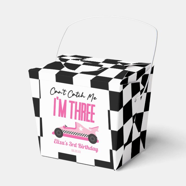 Can't Catch Me Pink Race Car 3rd Birthday Party Favour Box (Front Side)