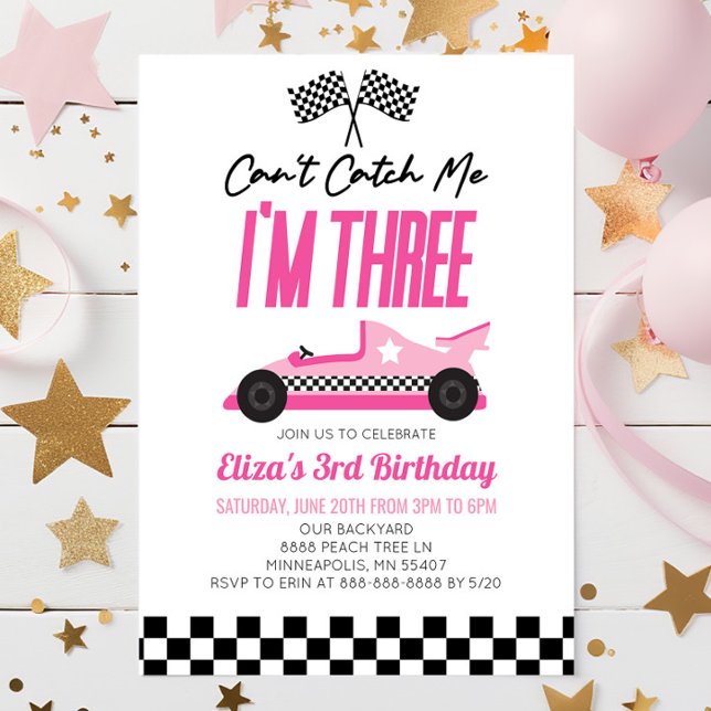 Can't Catch Me Pink Race Car 3rd Birthday Party Invitation (Creator Uploaded)