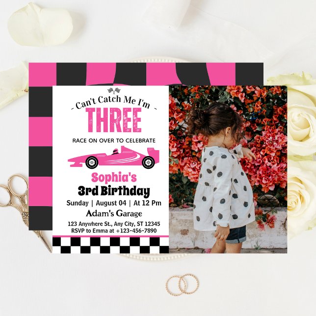 Can't Catch Me Pink Race Car Girl 3rd Birthday  Invitation (Creator Uploaded)