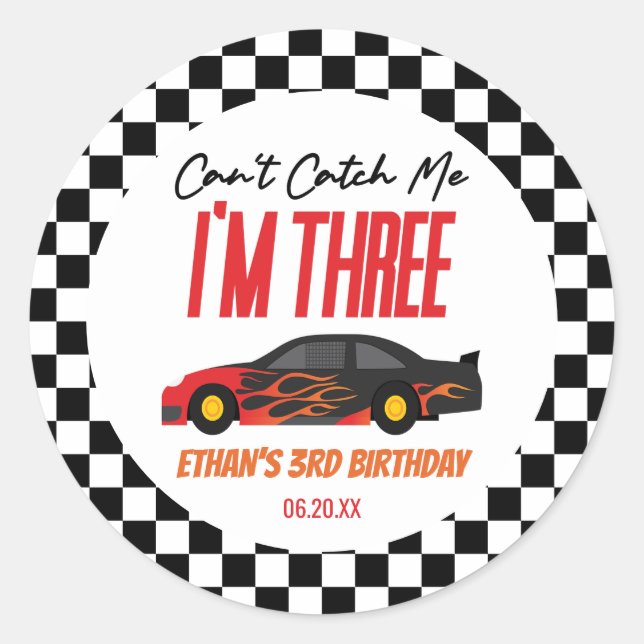 Can't Catch Me Red Race Car 3rd Birthday Party Classic Round Sticker (Front)