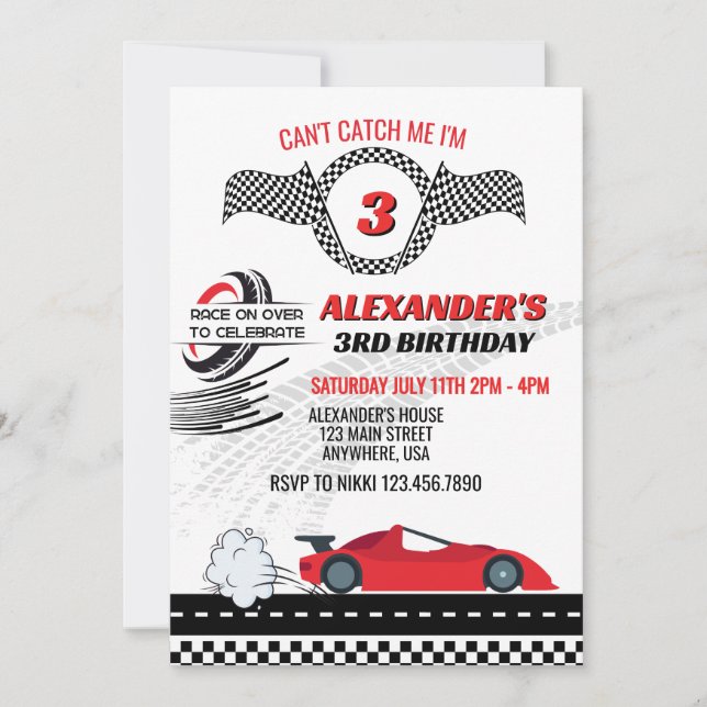 Can't catch me red race car kids birthday  invitation (Front)