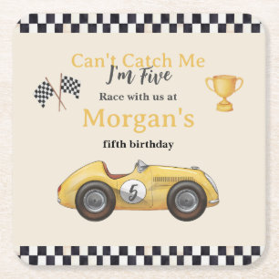 Can't Catch Me Yellow Race Car Kids Any Age Party Square Paper Coaster