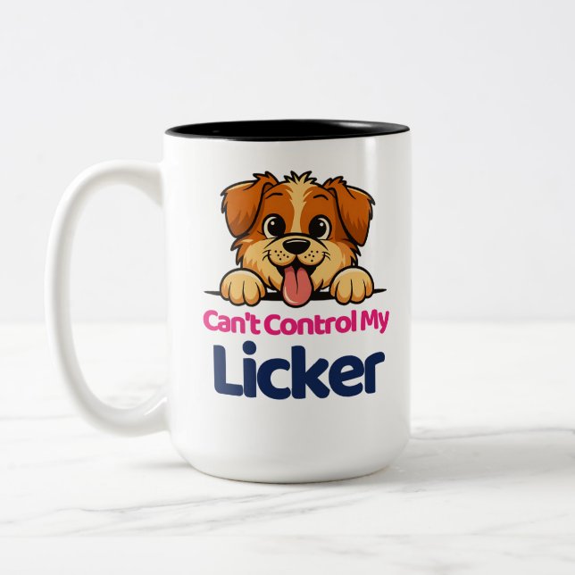 Can't Control My Licker Funny Cute Dog Design Two-Tone Coffee Mug (Left)