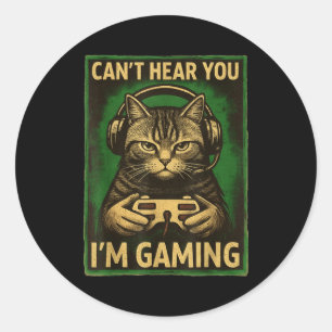 Can't Hear You I'm Gaming Funny Gamer Cat Playing Classic Round Sticker