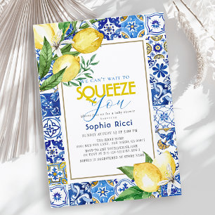 Can't Wait to Squeeze Blue Tile Lemon Baby Shower Invitation