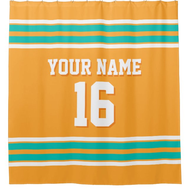 Cantaloupe Orange Teal White Stripes Sports Jersey Shower Curtain (Front)