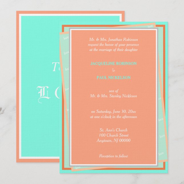Cantaloupe Turquoise Love Geometric  Invitation (Front/Back)