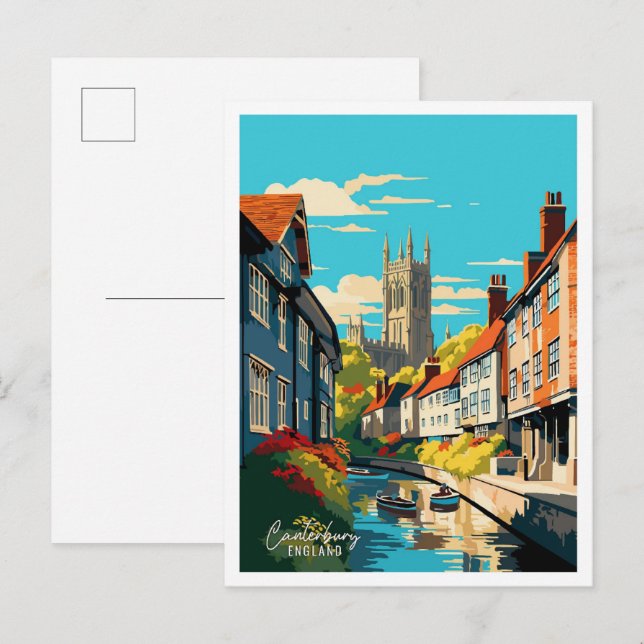 Canterbury England Art Vintage Travel Illustration Postcard (Front/Back)