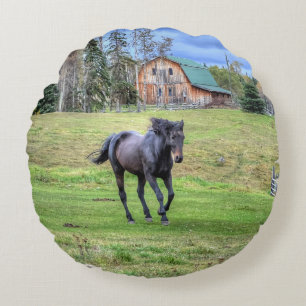 Cantering Black Percheron Horse Equine Photo 2 Round Cushion