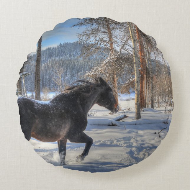 Cantering Black Percheron Horse & Snow Photo 2 Round Cushion (Front)