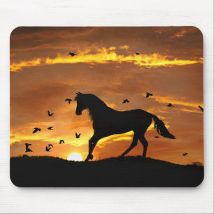 Cantering Horse and Birds in Sunset Mouse Mat