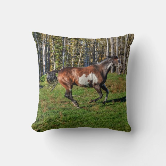 Cantering Pinto Paint Horse & Trees Equine Photo Cushion (Front)