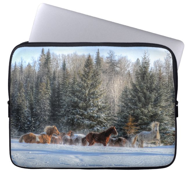 Cantering, Running Horses in Winter Snow Photo Laptop Sleeve (Front)