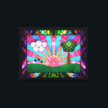 Canticle of the Sun Canvas Print<br><div class="desc">A digital stained-glass design in the Art Deco style popular in the 20th century. The widely-used sunburst motif is central, rising behind a green landscape balanced by a tree on one side and clouds and flowers on the other. Geometric shapes are used to emphasise the symmetry of the scene, with...</div>