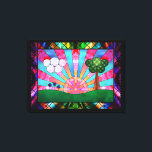 Canticle of the Sun Canvas Print<br><div class="desc">A digital stained-glass design in the Art Deco style popular in the 20th century. The widely-used sunburst motif is central, rising behind a green landscape balanced by a tree on one side and clouds and flowers on the other. Geometric shapes are used to emphasise the symmetry of the scene, with...</div>
