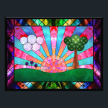 Canticle of the Sun Photo Print<br><div class="desc">A digital stained-glass design in the Art Deco style popular in the 20th century. The widely-used sunburst motif is central, rising behind a green landscape balanced by a tree on one side and clouds and flowers on the other. Geometric shapes are used to emphasise the symmetry of the scene, with...</div>