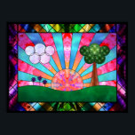 Canticle of the Sun Print<br><div class="desc">A digital stained-glass design in the Art Deco style popular in the 20th century. The widely-used sunburst motif is central, rising behind a green landscape balanced by a tree on one side and clouds and flowers on the other. Geometric shapes are used to emphasise the symmetry of the scene, with...</div>