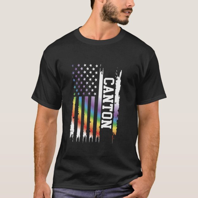 Canton United States Distressed Rainbow w US Flag T-Shirt (Front)
