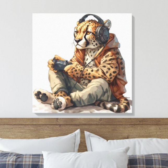 Canvas Cheetah Playing Video Games Art for Kids (Funny cheetah playing video games wearing headphones and hoodie kids canvas print for gamers)