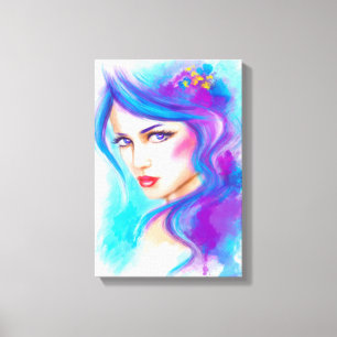 Canvas Fantasy Beautiful woman with blue flowers