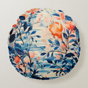 Canvas of Flowers in Full Bloom Watercolor Round Cushion