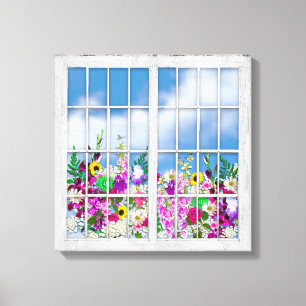 Canvas Print, View of Flowers, Rustic Window-Panes