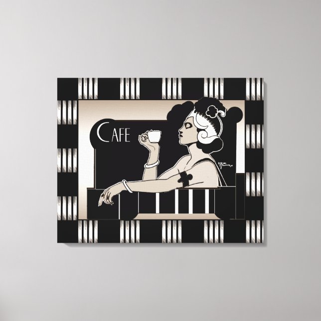 Canvas Vintage Cafe Art Deco Stripe Black Silver (Front)