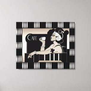 Canvas Vintage Cafe Art Deco Stripe Black Silver Print