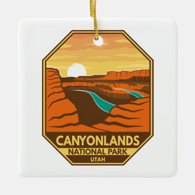 Canyonlands National Park Sunset Retro Emblem Ceramic Ornament (Front)