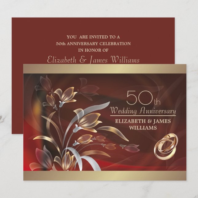 Caoba Gold Floral 50th Wedding Anniversary  Invitation (Front/Back)