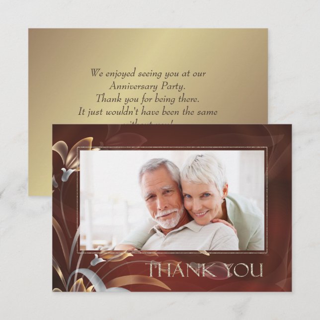 Caoba Gold Floral Anniversary Thank You Photo Card (Front/Back)