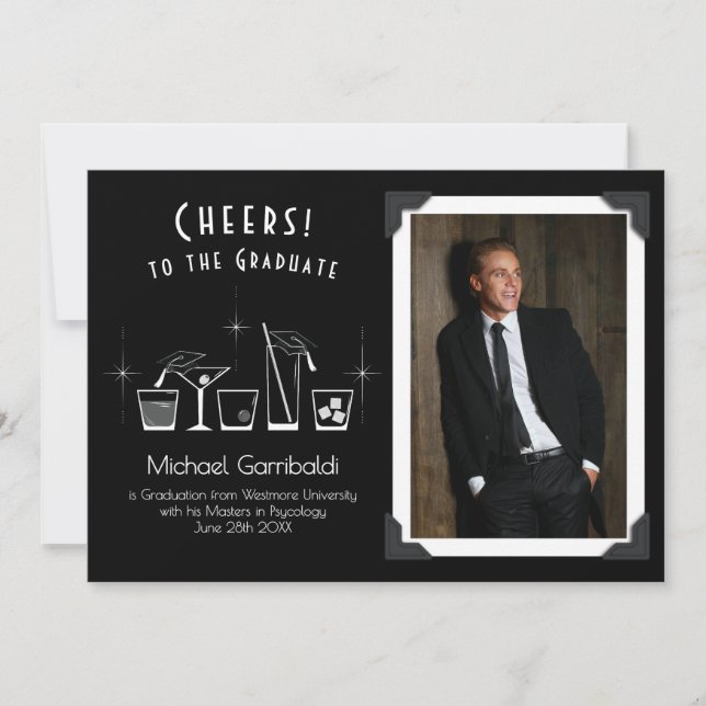 Cap and Cocktail Graduation Announcement Black (Front)